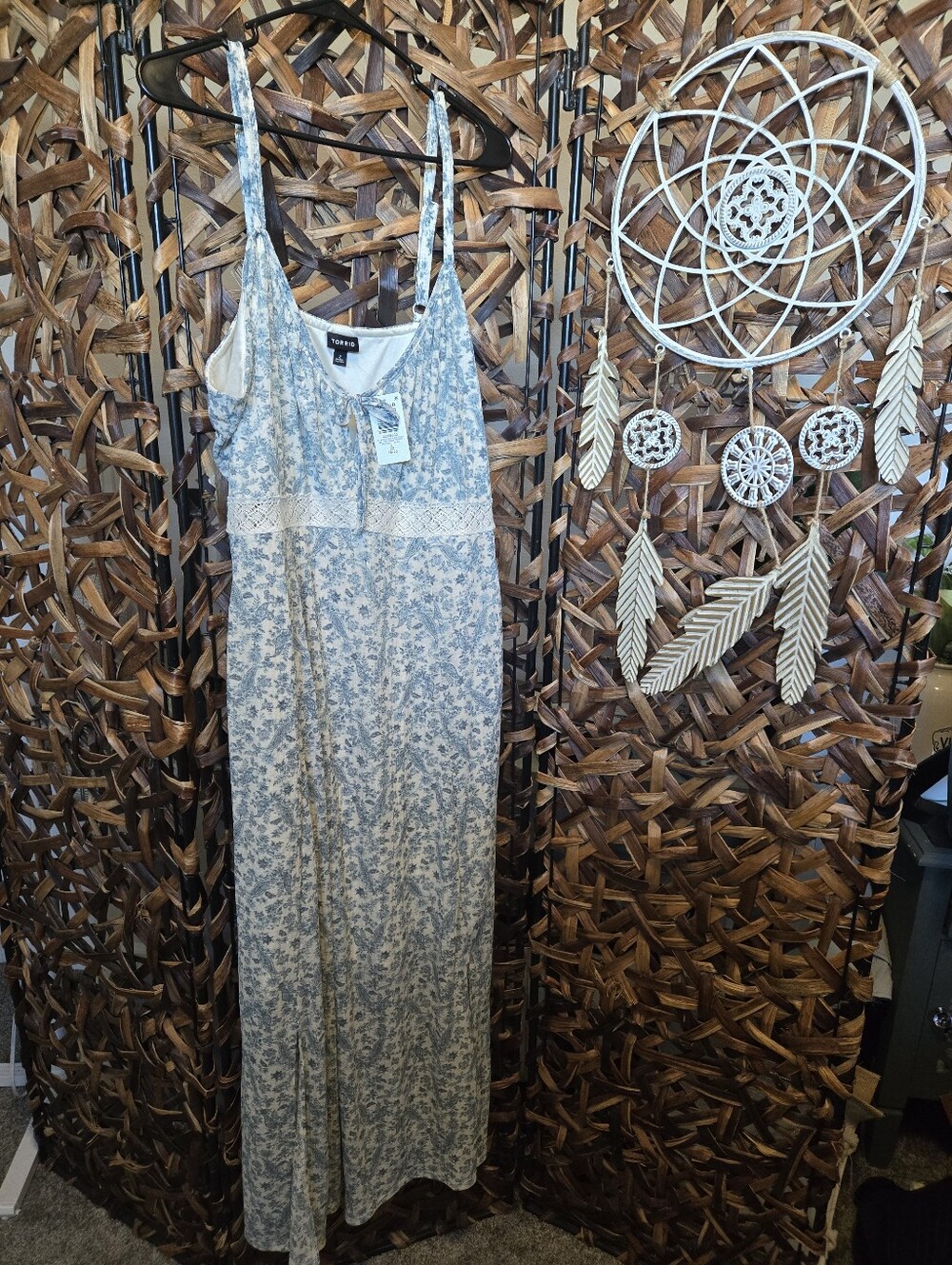 torrid Light Blue and Cream Floral Maxi Dress with Lace Waist